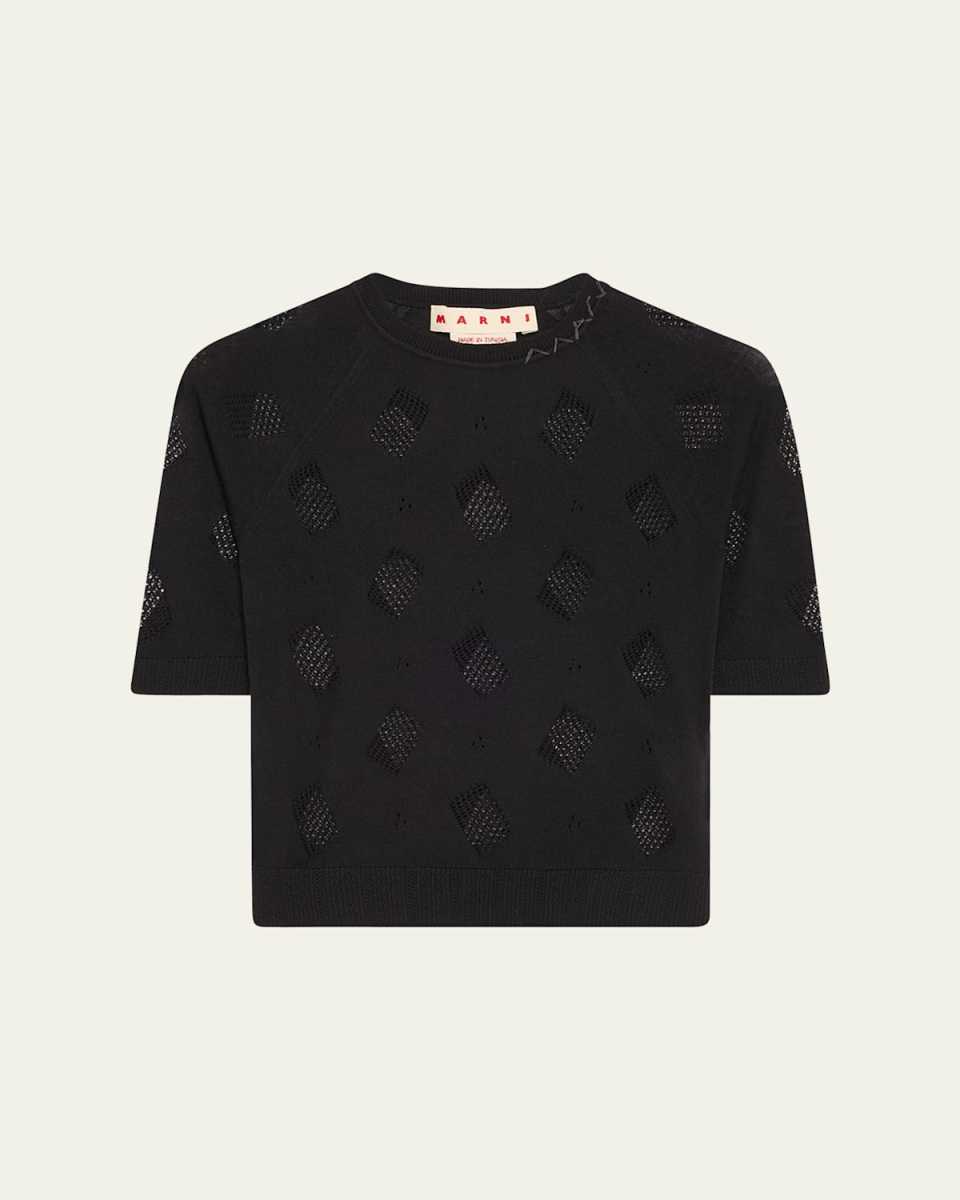 Short-Sleeve Perforated Knit Slim Sweater